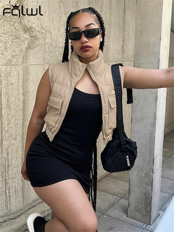 FQLWL Jesenske modne crne jakne za žene 2022., jednobojni kratki gornji kaputi s patentnim zatvaračem, prsluk, prsluci s dolčevitom, puf jakna