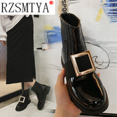 Φθινοπωρινό Χειμερινό λουστρίνι δερμάτινα μποτάκια Γυναικείες μπότες μοτοσυκλέτας Γυναικεία παπούτσια Γυναικεία παχιά σόλα με πόρπη πανκ μπότες A070