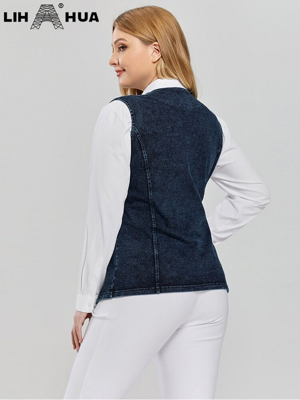 LIH HUA Γυναικείο γιλέκο σε συν μέγεθος άνοιξη υψηλής ελαστικότητας με τσέπες Βαμβακερό πλεκτό γιλέκο casual μόδας