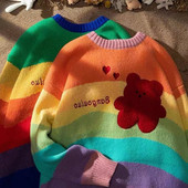 Rainbow ριγέ Γλυκό πουλόβερ για ζευγάρια Γυναικεία Φθινοπωρινά και Χειμώνα Lazy Style Loose πουλόβερ Πλεκτό Πουλόβερ Western Style Streetwear Top