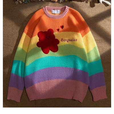 Rainbow ριγέ Γλυκό πουλόβερ για ζευγάρια Γυναικεία Φθινοπωρινά και Χειμώνα Lazy Style Loose πουλόβερ Πλεκτό Πουλόβερ Western Style Streetwear Top