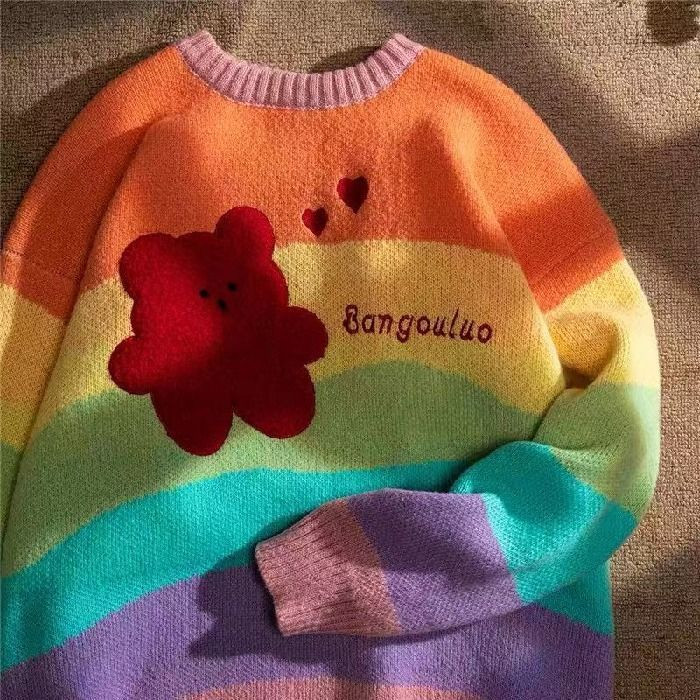 Rainbow ριγέ Γλυκό πουλόβερ για ζευγάρια Γυναικεία Φθινοπωρινά και Χειμώνα Lazy Style Loose πουλόβερ Πλεκτό Πουλόβερ Western Style Streetwear Top