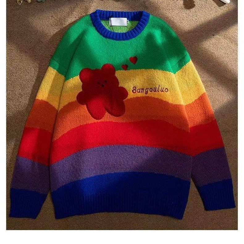 Rainbow ριγέ Γλυκό πουλόβερ για ζευγάρια Γυναικεία Φθινοπωρινά και Χειμώνα Lazy Style Loose πουλόβερ Πλεκτό Πουλόβερ Western Style Streetwear Top