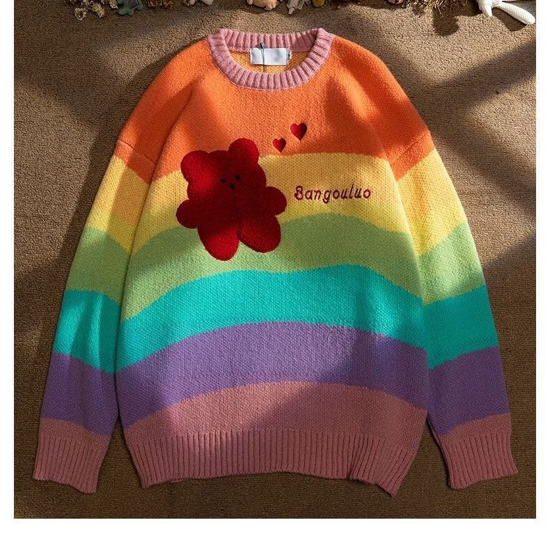 Rainbow ριγέ Γλυκό πουλόβερ για ζευγάρια Γυναικεία Φθινοπωρινά και Χειμώνα Lazy Style Loose πουλόβερ Πλεκτό Πουλόβερ Western Style Streetwear Top