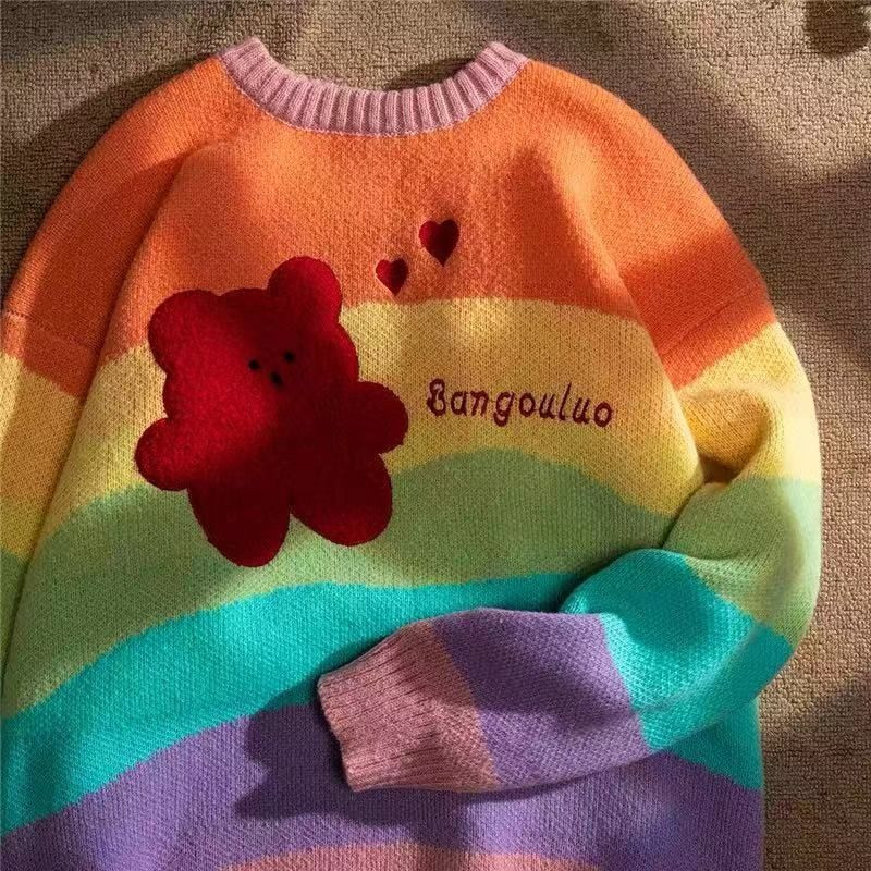 Rainbow ριγέ Γλυκό πουλόβερ για ζευγάρια Γυναικεία Φθινοπωρινά και Χειμώνα Lazy Style Loose πουλόβερ Πλεκτό Πουλόβερ Western Style Streetwear Top