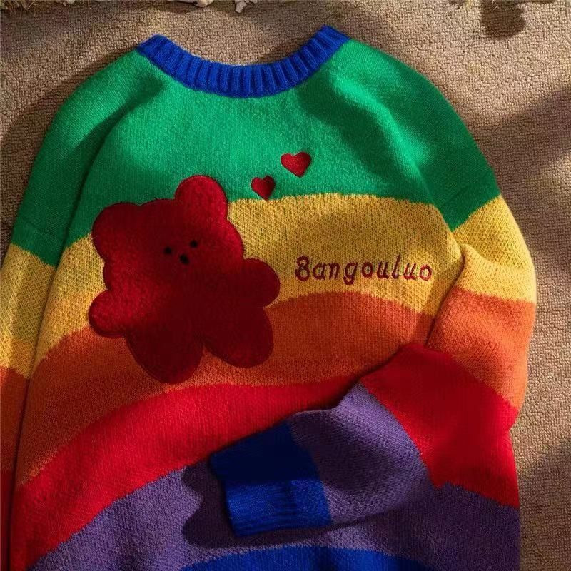 Rainbow ριγέ Γλυκό πουλόβερ για ζευγάρια Γυναικεία Φθινοπωρινά και Χειμώνα Lazy Style Loose πουλόβερ Πλεκτό Πουλόβερ Western Style Streetwear Top