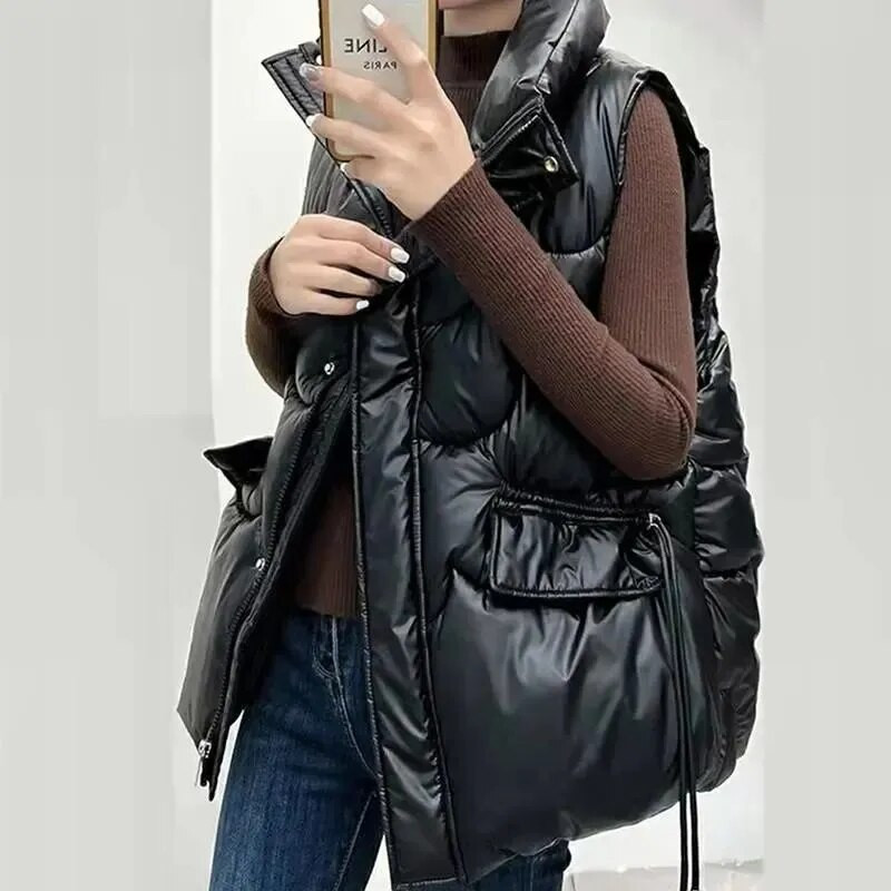 2022. gada jauns rudens ziemas dūnu kokvilnas sieviešu veste jaka, spīdīgs īss augstas klases mētelis brīvam brīvajam laikam vienkrāsains, savvaļas sieviešu virsdrēbes