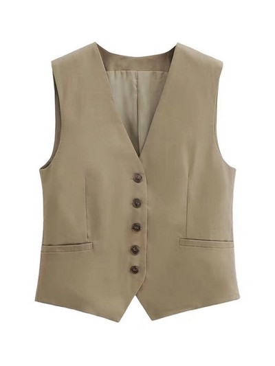 TRAF Ženska modna prednja dugmad Uredska odjeća Laneni prsluk Vintage V izrez bez rukava Ženska gornja odjeća Chic Topovi