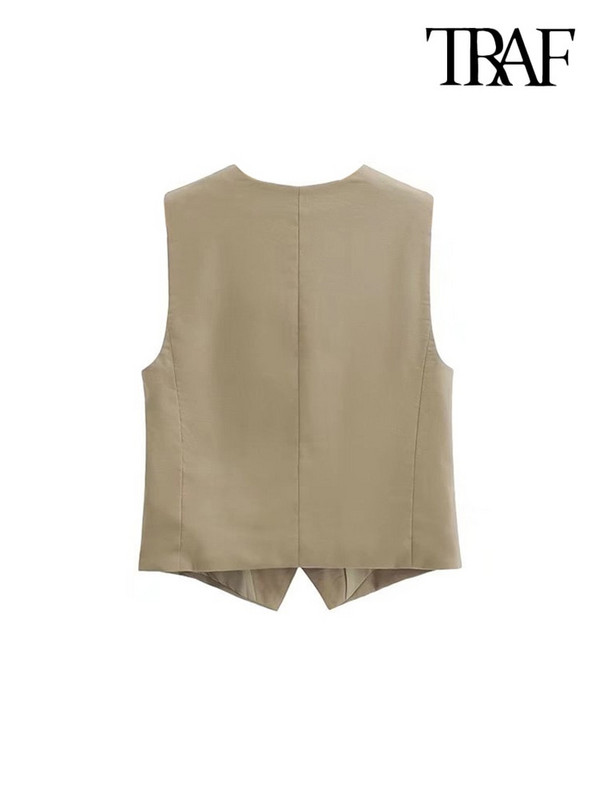 TRAF Ženska modna prednja dugmad Uredska odjeća Laneni prsluk Vintage V izrez bez rukava Ženska gornja odjeća Chic Topovi