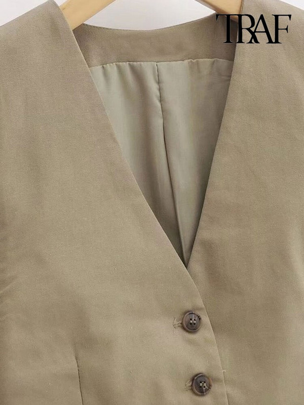 TRAF Ženska modna prednja dugmad Uredska odjeća Laneni prsluk Vintage V izrez bez rukava Ženska gornja odjeća Chic Topovi