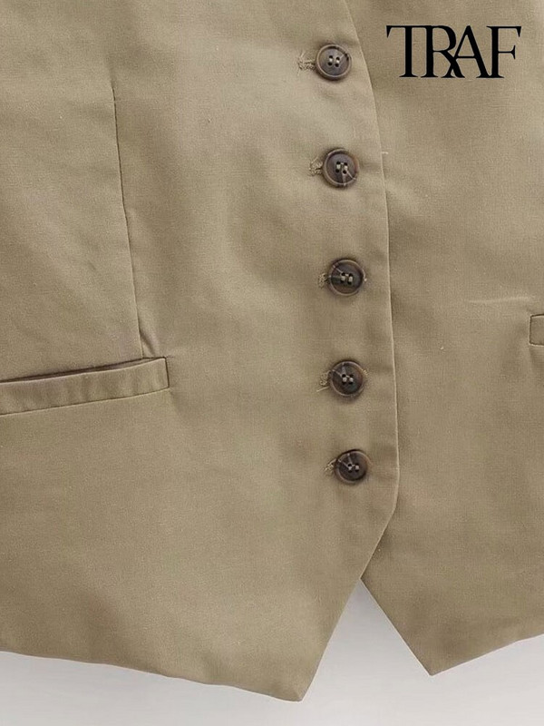 TRAF Ženska modna prednja dugmad Uredska odjeća Laneni prsluk Vintage V izrez bez rukava Ženska gornja odjeća Chic Topovi