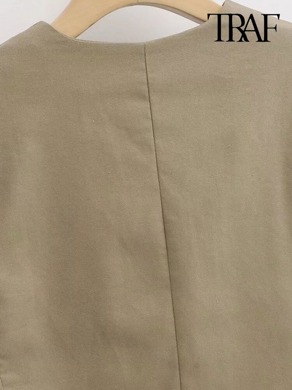 TRAF Ženska modna prednja dugmad Uredska odjeća Laneni prsluk Vintage V izrez bez rukava Ženska gornja odjeća Chic Topovi