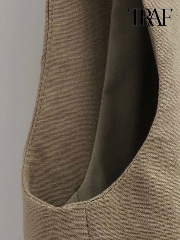 TRAF Ženska modna prednja dugmad Uredska odjeća Laneni prsluk Vintage V izrez bez rukava Ženska gornja odjeća Chic Topovi