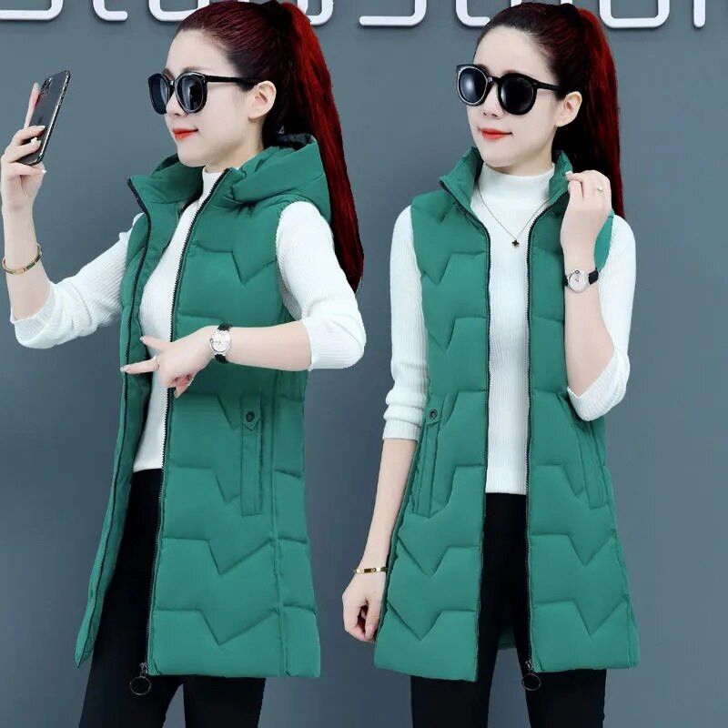 2022. Nova jesensko-zimska duga pamučna jakna Ženska jakna Korejski kaput bez rukava s kapuljačom Ženski tanki topli prsluk Chaleco Mujer 4XL