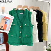 Korejpaa Fashion Tweed V λαιμόκοψη Ζακέτα Γυναικείο μονόστηθο αμάνικο σακάκι γιλέκο Γυναικεία μασίφ αμάνικα μπλουζάκια Νέα