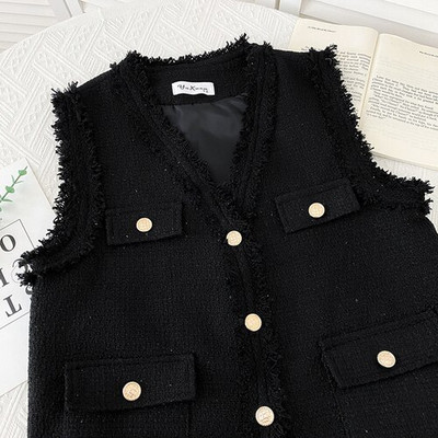 Korejpaa Fashion Tweed V λαιμόκοψη Ζακέτα Γυναικείο μονόστηθο αμάνικο σακάκι γιλέκο Γυναικεία μασίφ αμάνικα μπλουζάκια Νέα