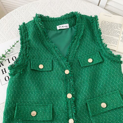 Korejpaa Fashion Tweed V λαιμόκοψη Ζακέτα Γυναικείο μονόστηθο αμάνικο σακάκι γιλέκο Γυναικεία μασίφ αμάνικα μπλουζάκια Νέα