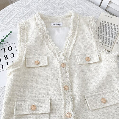 Korejpaa Fashion Tweed V λαιμόκοψη Ζακέτα Γυναικείο μονόστηθο αμάνικο σακάκι γιλέκο Γυναικεία μασίφ αμάνικα μπλουζάκια Νέα