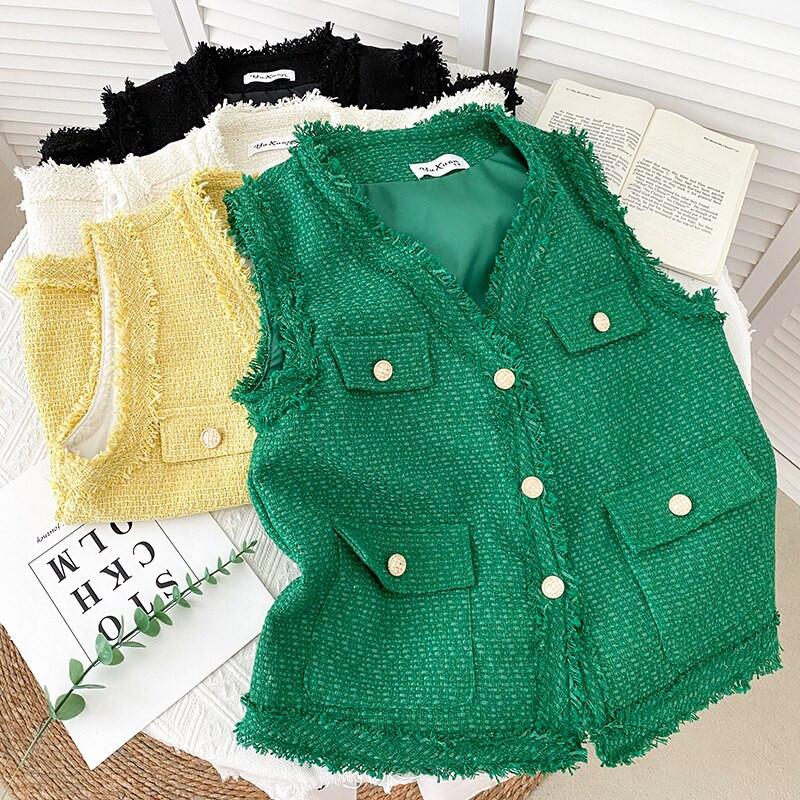 Korejpaa Fashion Tweed V λαιμόκοψη Ζακέτα Γυναικείο μονόστηθο αμάνικο σακάκι γιλέκο Γυναικεία μασίφ αμάνικα μπλουζάκια Νέα