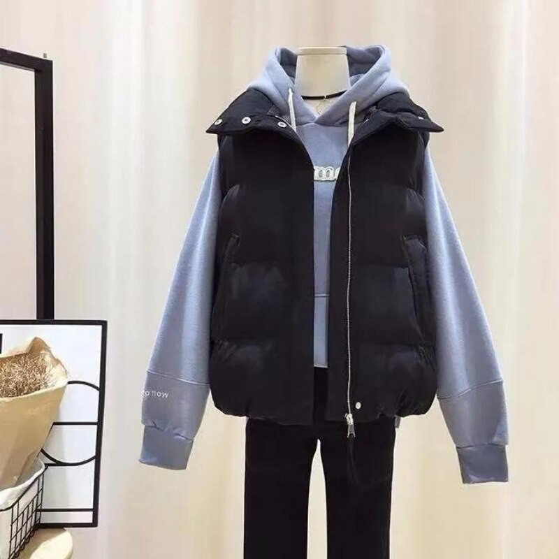 Ženska jakna, prsluk, pamučna odjeća, ženska kratka jesensko-zimska moda, ležerna topla pamučna crna prsluka