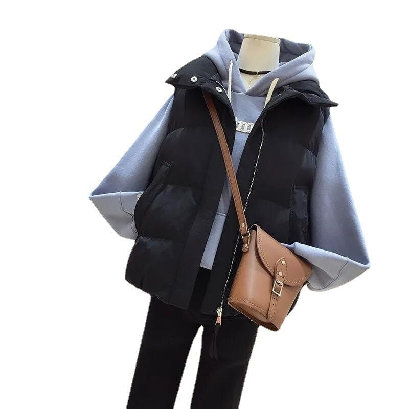 Ženska jakna, prsluk, pamučna odjeća, ženska kratka jesensko-zimska moda, ležerna topla pamučna crna prsluka