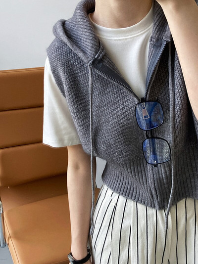 Ženski pleteni prsluk s kapuljačom i patentnim zatvaračem sprijeda, ležerni otvoreni kardigan bez rukava