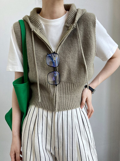 Ženski pleteni prsluk s kapuljačom i patentnim zatvaračem sprijeda, ležerni otvoreni kardigan bez rukava