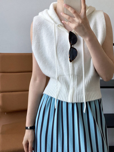 Ženski pleteni prsluk s kapuljačom i patentnim zatvaračem sprijeda, ležerni otvoreni kardigan bez rukava