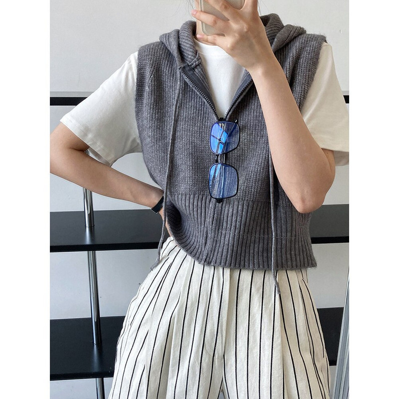 Ženski pleteni prsluk s kapuljačom i patentnim zatvaračem sprijeda, ležerni otvoreni kardigan bez rukava