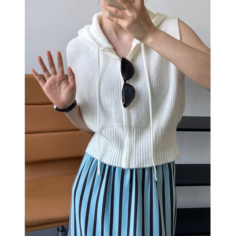 Ženski pleteni prsluk s kapuljačom i patentnim zatvaračem sprijeda, ležerni otvoreni kardigan bez rukava