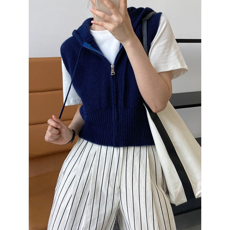 Ženski pleteni prsluk s kapuljačom i patentnim zatvaračem sprijeda, ležerni otvoreni kardigan bez rukava