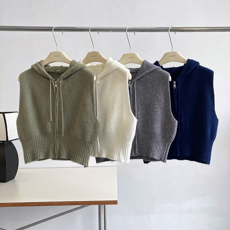 Ženski pleteni prsluk s kapuljačom i patentnim zatvaračem sprijeda, ležerni otvoreni kardigan bez rukava