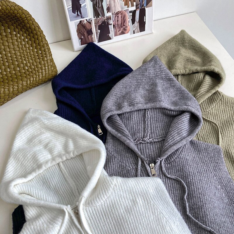 Ženski pleteni prsluk s kapuljačom i patentnim zatvaračem sprijeda, ležerni otvoreni kardigan bez rukava