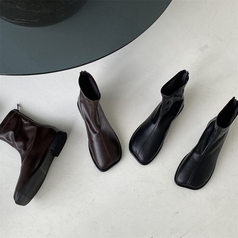 Rock Shoes Ženske jesenske čizme Čizme s patentnim zatvaračem Čizme s ravnom petom - Ženske ženske gležnjeve Koža Guma Niske 2021. Tkanina Četvrtasti vrh Rim Basic Salt