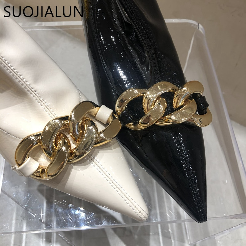 SUOJIALUN 2022. Novi brend Ženske gležnjače, Modne kratke čizme sa šiljatim prstima sa zlatnim lancem, Elastične cipele s natikačima Chelsea čizme