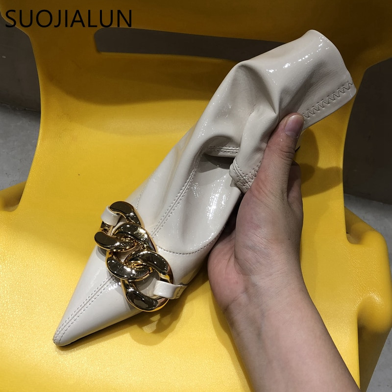 SUOJIALUN 2022. Novi brend Ženske gležnjače, Modne kratke čizme sa šiljatim prstima sa zlatnim lancem, Elastične cipele s natikačima Chelsea čizme