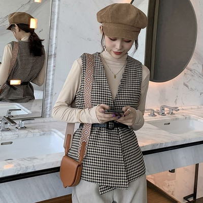 Prsluci Ženski houndstooth Vintage Street Style Chic Modna gornja odjeća Ležerna jesenska vunena jakna bez rukava Kardigan Kaput za žene