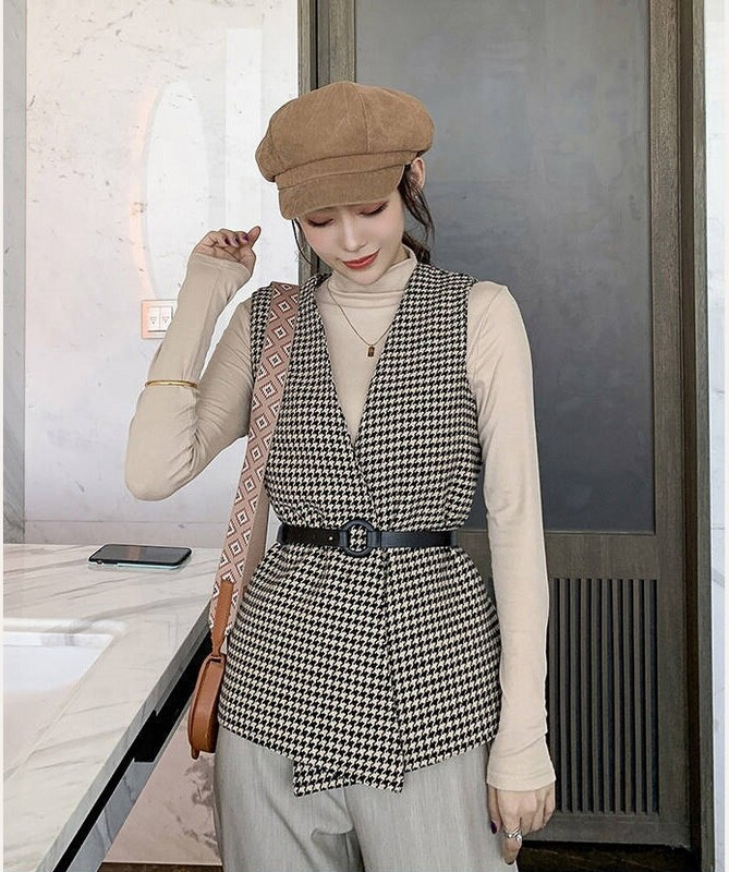 Mellények Női Houndstooth Vintage utcai stílus elegáns divat felsőruházat alkalmi őszi ujjatlan gyapjú kabát Kardigán kabát nőknek