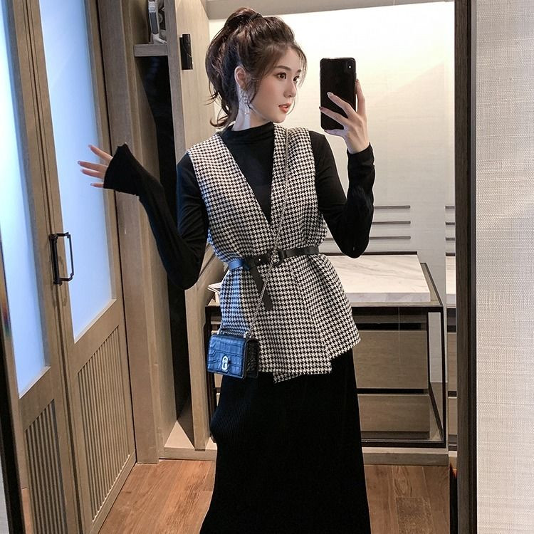 Mellények Női Houndstooth Vintage utcai stílus elegáns divat felsőruházat alkalmi őszi ujjatlan gyapjú kabát Kardigán kabát nőknek