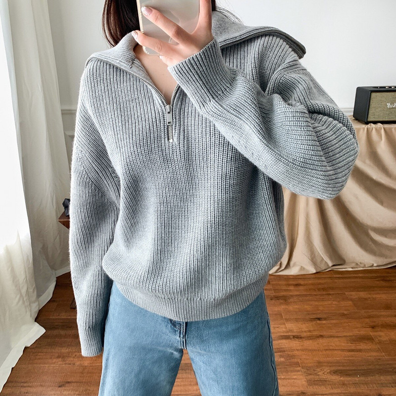 Γυναικείο πουλόβερ με μισό φερμουάρ Απλό μακρυμάνικο φαρδύ μπλουζάκι με γυριστό γιακά Γυναικείο πλεκτό πουλόβερ