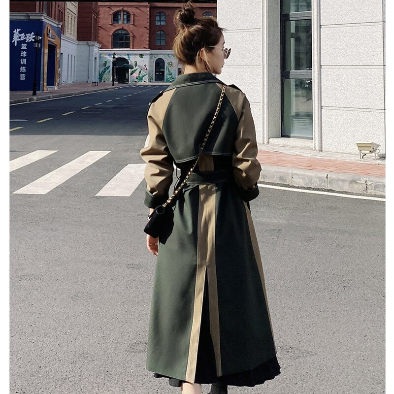 Modes sieviešu kontrastkrāsu izšūšanas vējjaka 2021. gada rudens jaunais britu stila plāns temperamenta garais mētelis sievietēm