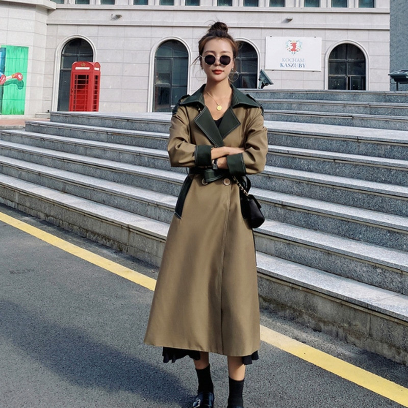 Modes sieviešu kontrastkrāsu izšūšanas vējjaka 2021. gada rudens jaunais britu stila plāns temperamenta garais mētelis sievietēm