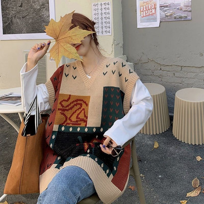 2019. Jesenski prsluk bez rukava veće veličine za korejski ležerni ženski prsluk pleteni prugasti džemper prsluk kz212