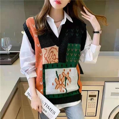 2019. Jesenski prsluk bez rukava veće veličine za korejski ležerni ženski prsluk pleteni prugasti džemper prsluk kz212