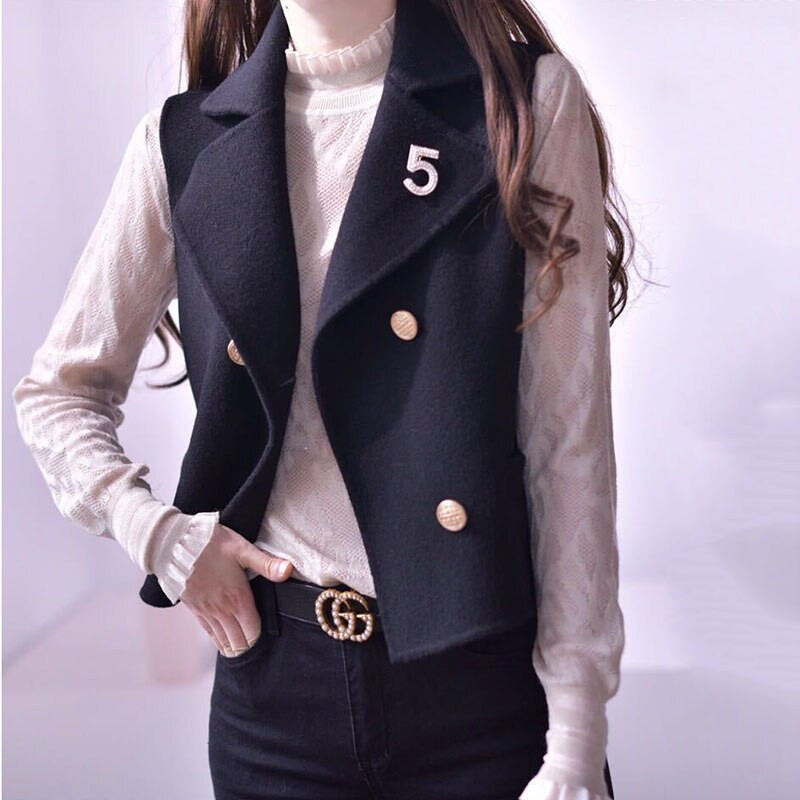 Γυναικείο μάλλινο γιλέκο 2021 Νέο Άνοιξη Φθινοπωρινό Μαύρο Αμάνικο Μάλλινο Παλτό Διπλής Όψης Γιλέκο Κοντό μάλλινο μπουφάν Γυναικείο