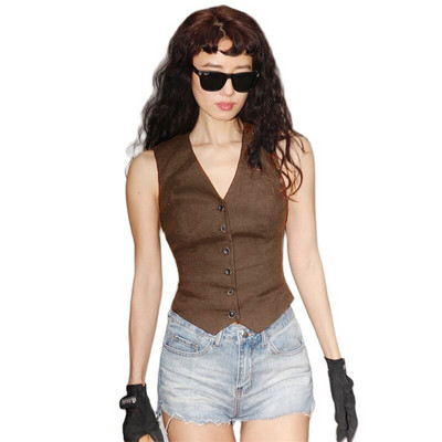 Γυναικείο κοστούμι γιλέκο V-λαιμόκοψη μάλλινο γιλέκο μόδας αμάνικο σακάκι Vintage γιλέκο για κυρία