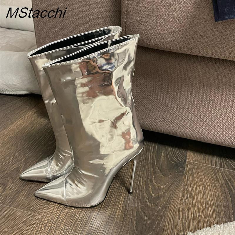 Γυναικείες μπότες λουστρίνι Stiletto Demonia Μυτερές μπότες με λεπτά ψηλοτάκουνα γυναικεία μεταλλικά χρυσά μποτάκια για γυναίκες 2022