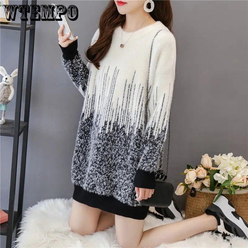 Vilinski pulover od umjetne nerca Debeli pulover Pleteni gradijentski pulover s okruglim izrezom srednje dužine labav i svestran za jesen i zimu