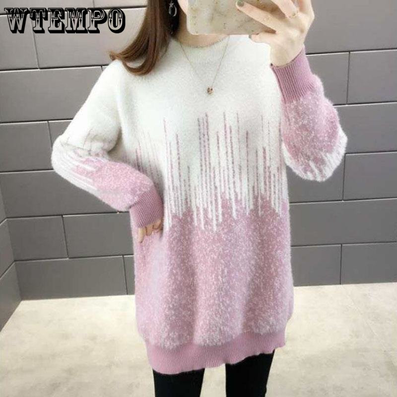Vilinski pulover od umjetne nerca Debeli pulover Pleteni gradijentski pulover s okruglim izrezom srednje dužine labav i svestran za jesen i zimu