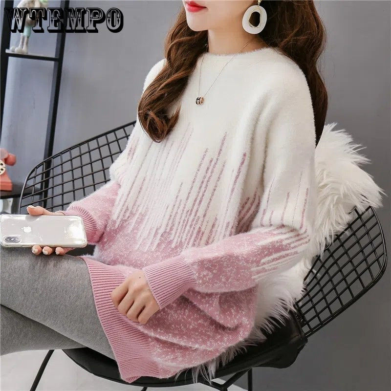 Vilinski pulover od umjetne nerca Debeli pulover Pleteni gradijentski pulover s okruglim izrezom srednje dužine labav i svestran za jesen i zimu